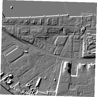 Shaded relief map of the ground around E161UE, computed from Environment Agency LiDAR. The ground here sits at about 2 m above sea level and falls 10 m across the surrounding 800 m. Surface water reaching this point runs off ground lying to the north-west, 0.6 m higher.