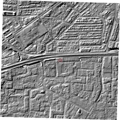 Shaded relief map of the ground around E161UF, computed from Environment Agency LiDAR. The ground here sits at about 2 m above sea level and falls 7 m across the surrounding 800 m. Surface water reaching this point runs off ground lying to the north-west, 1.2 m higher.