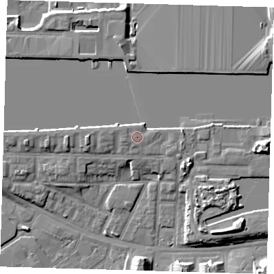 Shaded relief map of the ground around E161UG, computed from Environment Agency LiDAR. The ground here sits at about 6 m above sea level and falls 12 m across the surrounding 800 m. Surface water reaching this point runs off ground lying to the west-north-west, 0.6 m higher.