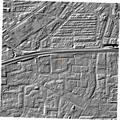 Shaded relief map of the ground around E161UN, computed from Environment Agency LiDAR. The ground here sits at about 2 m above sea level and falls 9 m across the surrounding 800 m. Surface water reaching this point runs off ground lying to the west-north-west, 2.1 m higher.