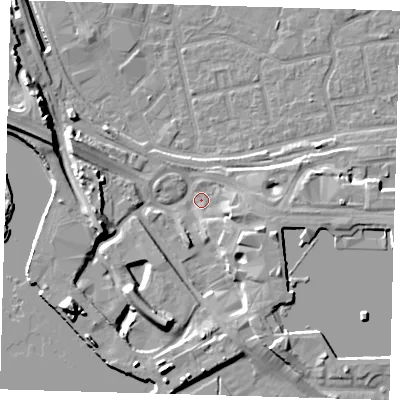 Shaded relief map of the ground around E161US, computed from Environment Agency LiDAR. The ground here sits at about 2 m above sea level and falls 15 m across the surrounding 800 m. Surface water reaching this point runs off ground lying to the south-south-west, 9.0 m higher.