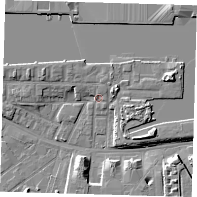 Shaded relief map of the ground around E161UU, computed from Environment Agency LiDAR. The ground here sits at about 4 m above sea level and falls 10 m across the surrounding 800 m. Surface water reaching this point runs off ground lying to the north-east, 2.9 m higher.