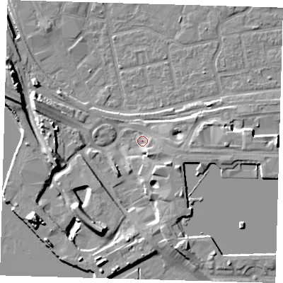 Shaded relief map of the ground around E161UW, computed from Environment Agency LiDAR. The ground here sits at about 3 m above sea level and falls 15 m across the surrounding 800 m. Surface water reaching this point runs off ground lying to the south-south-west, 8.7 m higher.