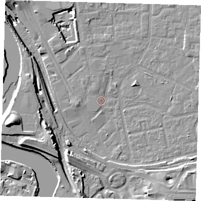 Shaded relief map of the ground around E161XD, computed from Environment Agency LiDAR. The ground here sits at about 1 m above sea level and falls 20 m across the surrounding 800 m. Surface water reaching this point runs off ground lying to the south-west, 4.2 m higher.