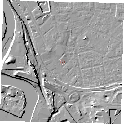 Shaded relief map of the ground around E161XE, computed from Environment Agency LiDAR. The ground here sits at about 1 m above sea level and falls 19 m across the surrounding 800 m. Surface water reaching this point runs off ground lying to the south-west, 4.2 m higher.