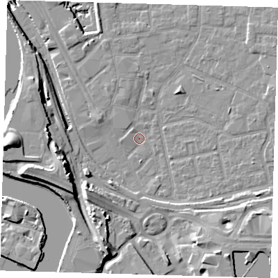 Shaded relief map of the ground around E161XG, computed from Environment Agency LiDAR. The ground here sits at about 1 m above sea level and falls 20 m across the surrounding 800 m. Surface water reaching this point runs off ground lying to the south-east, 5.0 m higher.