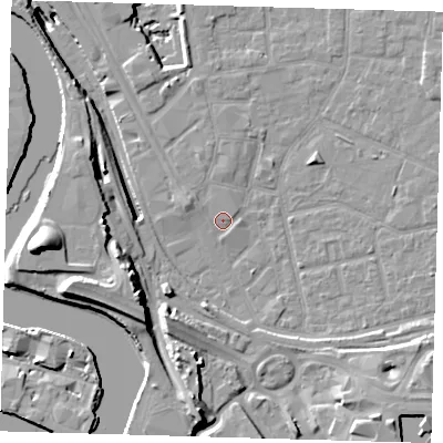 Shaded relief map of the ground around E161XJ, computed from Environment Agency LiDAR. The ground here sits at about 2 m above sea level and falls 20 m across the surrounding 800 m. Surface water reaching this point runs off ground lying to the west-north-west, 1.8 m higher.