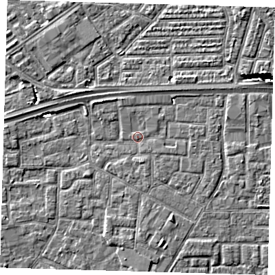 Shaded relief map of the ground around E161XP, computed from Environment Agency LiDAR. The ground here sits at about 2 m above sea level and falls 9 m across the surrounding 800 m. Surface water reaching this point runs off ground lying to the north-west, 3.3 m higher.
