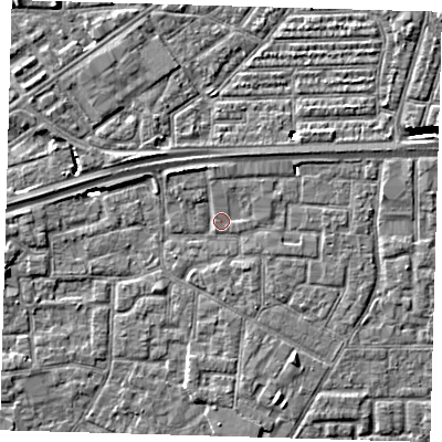 Shaded relief map of the ground around E161XS, computed from Environment Agency LiDAR. The ground here sits at about 2 m above sea level and falls 7 m across the surrounding 800 m. Surface water reaching this point runs off ground lying to the north-west, 3.3 m higher.