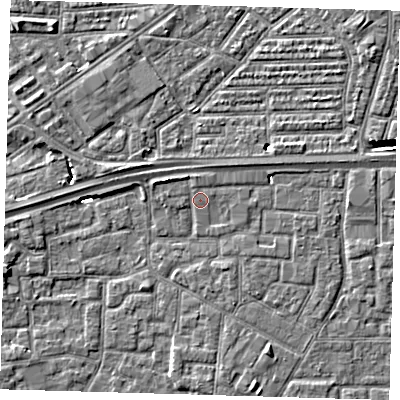 Shaded relief map of the ground around E161YA, computed from Environment Agency LiDAR. The ground here sits at about 2 m above sea level and falls 7 m across the surrounding 800 m. Surface water reaching this point runs off ground lying to the north-west, 1.0 m higher.
