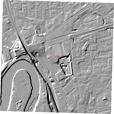 Shaded relief map of the ground around E161YE, computed from Environment Agency LiDAR. The ground here sits at about 3 m above sea level and falls 15 m across the surrounding 800 m. Surface water reaching this point runs off ground lying to the east, 8.0 m higher.