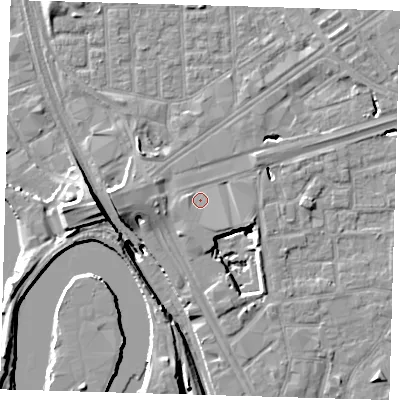 Shaded relief map of the ground around E161YH, computed from Environment Agency LiDAR. The ground here sits at about 2 m above sea level and falls 15 m across the surrounding 800 m. Surface water reaching this point runs off ground lying to the south-east, 2.5 m higher.