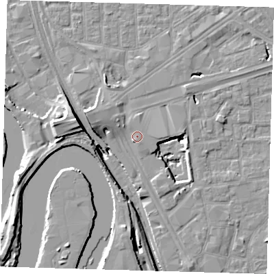 Shaded relief map of the ground around E161YJ, computed from Environment Agency LiDAR. The ground here sits at about 3 m above sea level and falls 15 m across the surrounding 800 m. Surface water reaching this point runs off ground lying to the north-east, 0.9 m higher.