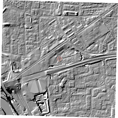 Shaded relief map of the ground around E161YR, computed from Environment Agency LiDAR. The ground here sits at about 1 m above sea level and falls 15 m across the surrounding 800 m. Surface water reaching this point runs off ground lying to the west-south-west, 8.4 m higher.