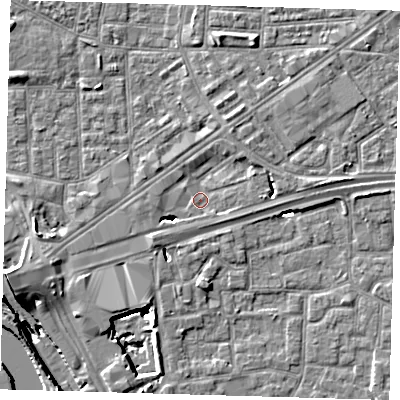 Shaded relief map of the ground around E161YS, computed from Environment Agency LiDAR. The ground here sits at about 1 m above sea level and falls 12 m across the surrounding 800 m. Surface water reaching this point runs off ground lying to the west-south-west, 8.4 m higher.