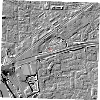 Shaded relief map of the ground around E161YT, computed from Environment Agency LiDAR. The ground here sits at about 1 m above sea level and falls 12 m across the surrounding 800 m. Surface water reaching this point runs off ground lying to the west-south-west, 8.4 m higher.