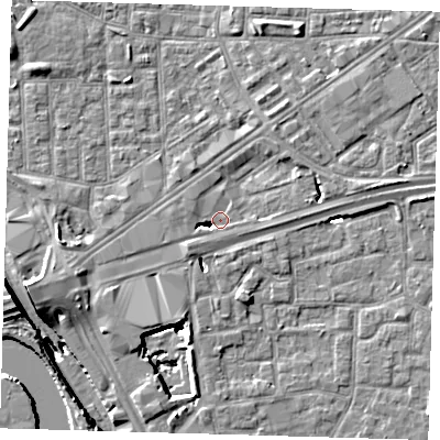 Shaded relief map of the ground around E161YU, computed from Environment Agency LiDAR. The ground here sits at about 1 m above sea level and falls 15 m across the surrounding 800 m. Surface water reaching this point runs off ground lying to the west-south-west, 8.4 m higher.