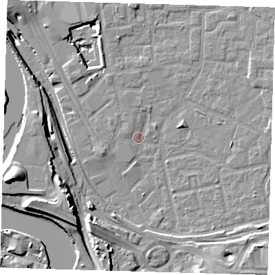 Shaded relief map of the ground around E161YW, computed from Environment Agency LiDAR. The ground here sits at about 2 m above sea level and falls 20 m across the surrounding 800 m. Surface water reaching this point runs off ground lying to the south-south-west, 4.2 m higher.