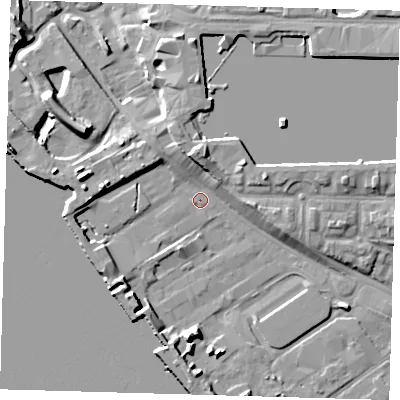 Shaded relief map of the ground around E161YZ, computed from Environment Agency LiDAR. The ground here sits at about 2 m above sea level and falls 10 m across the surrounding 800 m. Surface water reaching this point runs off ground lying to the north, 6.7 m higher.