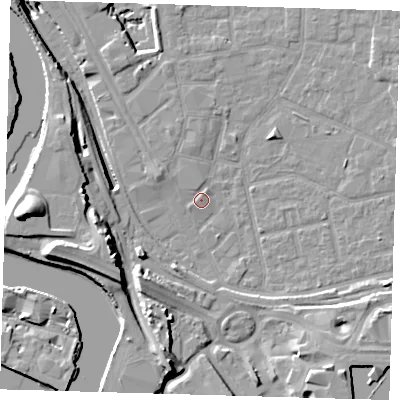 Shaded relief map of the ground around E161ZA, computed from Environment Agency LiDAR. The ground here sits at about 2 m above sea level and falls 20 m across the surrounding 800 m. Surface water reaching this point runs off ground lying to the south-west, 4.2 m higher.