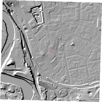 Shaded relief map of the ground around E161ZB, computed from Environment Agency LiDAR. The ground here sits at about 2 m above sea level and falls 20 m across the surrounding 800 m. Surface water reaching this point runs off ground lying to the west-south-west, 1.5 m higher.