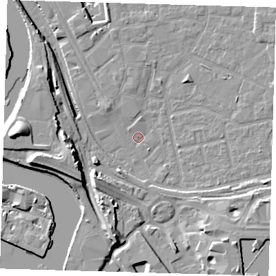 Shaded relief map of the ground around E161ZD, computed from Environment Agency LiDAR. The ground here sits at about 1 m above sea level and falls 18 m across the surrounding 800 m. Surface water reaching this point runs off ground lying to the west-south-west, 4.2 m higher.