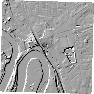 Shaded relief map of the ground around E161ZF, computed from Environment Agency LiDAR. The ground here sits at about 2 m above sea level and falls 15 m across the surrounding 800 m. Surface water reaching this point runs off ground lying to the west-north-west, 14.8 m higher.