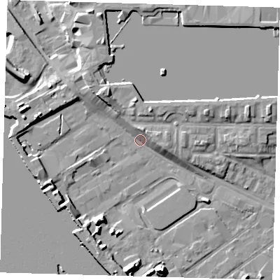 Shaded relief map of the ground around E162AA, computed from Environment Agency LiDAR. The ground here sits at about 2 m above sea level and falls 11 m across the surrounding 800 m. Surface water reaching this point runs off ground lying to the south-south-west, 7.6 m higher.
