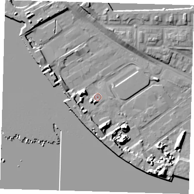 Shaded relief map of the ground around E162AB, computed from Environment Agency LiDAR. The ground here sits at about 2 m above sea level and falls 11 m across the surrounding 800 m. Surface water reaching this point runs off ground lying to the south-west, 4.5 m higher.