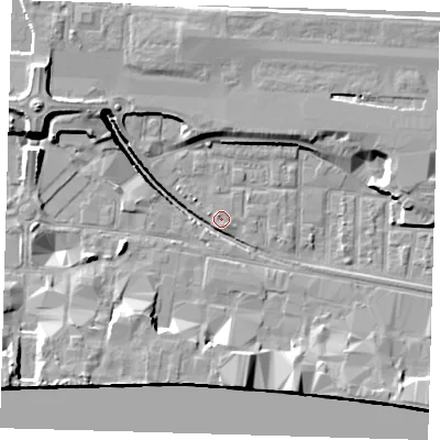 Shaded relief map of the ground around E162AD, computed from Environment Agency LiDAR. The ground here sits at about 2 m above sea level and falls 14 m across the surrounding 800 m. Surface water reaching this point runs off ground lying to the north-west, 11.4 m higher.