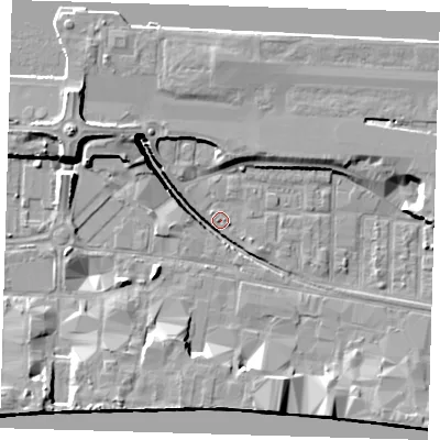 Shaded relief map of the ground around E162AE, computed from Environment Agency LiDAR. The ground here sits at about 2 m above sea level and falls 14 m across the surrounding 800 m. Surface water reaching this point runs off ground lying to the north-west, 11.4 m higher.