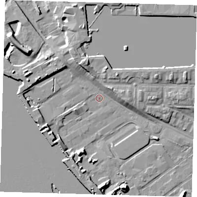 Shaded relief map of the ground around E162AF, computed from Environment Agency LiDAR. The ground here sits at about 2 m above sea level and falls 11 m across the surrounding 800 m. Surface water reaching this point runs off ground lying to the south-south-west, 7.6 m higher.