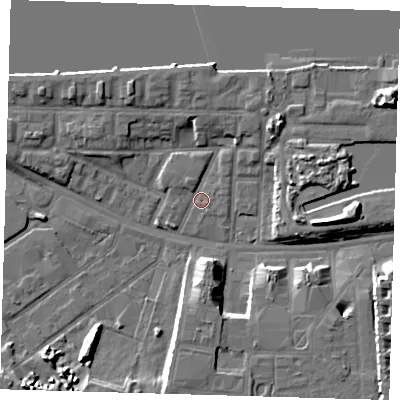 Shaded relief map of the ground around E162AN, computed from Environment Agency LiDAR. The ground here sits at about 2 m above sea level and falls 10 m across the surrounding 800 m. Surface water reaching this point runs off ground lying to the north-north-east, 4.1 m higher.
