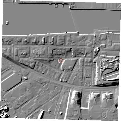 Shaded relief map of the ground around E162AR, computed from Environment Agency LiDAR. The ground here sits at about 2 m above sea level and falls 10 m across the surrounding 800 m. Surface water reaching this point runs off ground lying to the north-north-west, 5.1 m higher.