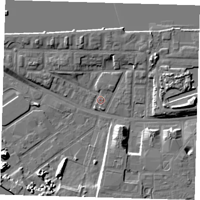 Shaded relief map of the ground around E162AS, computed from Environment Agency LiDAR. The ground here sits at about 2 m above sea level and falls 10 m across the surrounding 800 m. Surface water reaching this point runs off ground lying to the west-south-west, 10.2 m higher.