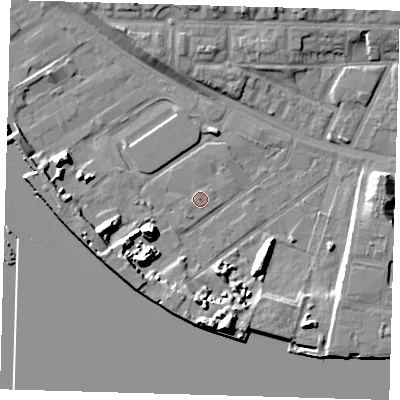 Shaded relief map of the ground around E162AT, computed from Environment Agency LiDAR. The ground here sits at about 2 m above sea level and falls 11 m across the surrounding 800 m. Surface water reaching this point runs off ground lying to the north-north-west, 0.7 m higher.