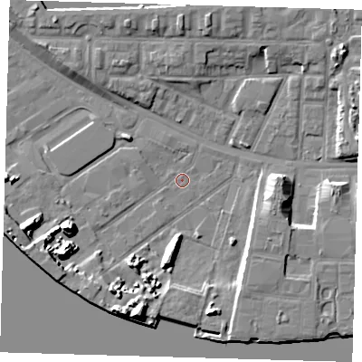 Shaded relief map of the ground around E162AU, computed from Environment Agency LiDAR. The ground here sits at about 2 m above sea level and falls 11 m across the surrounding 800 m. Surface water reaching this point runs off ground lying to the west-south-west, 9.8 m higher.