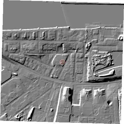 Shaded relief map of the ground around E162AW, computed from Environment Agency LiDAR. The ground here sits at about 3 m above sea level and falls 9 m across the surrounding 800 m. Surface water reaching this point runs off ground lying to the south-west, 1.7 m higher.
