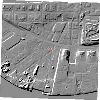 Shaded relief map of the ground around E162AX, computed from Environment Agency LiDAR. The ground here sits at about 2 m above sea level and falls 11 m across the surrounding 800 m. Surface water reaching this point runs off ground lying to the south-south-west, 10.7 m higher.