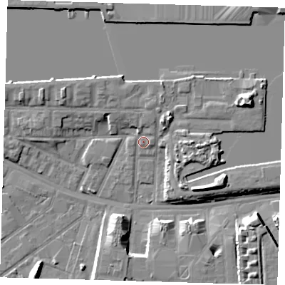 Shaded relief map of the ground around E162AY, computed from Environment Agency LiDAR. The ground here sits at about 3 m above sea level and falls 10 m across the surrounding 800 m. Surface water reaching this point runs off ground lying to the north-north-east, 3.4 m higher.