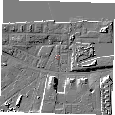 Shaded relief map of the ground around E162BD, computed from Environment Agency LiDAR. The ground here sits at about 2 m above sea level and falls 10 m across the surrounding 800 m. Surface water reaching this point runs off ground lying to the north-north-east, 3.9 m higher.