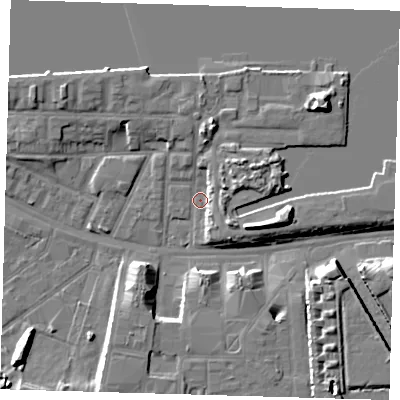 Shaded relief map of the ground around E162BE, computed from Environment Agency LiDAR. The ground here sits at about 2 m above sea level and falls 10 m across the surrounding 800 m. Surface water reaching this point runs off ground lying to the north, 6.0 m higher.