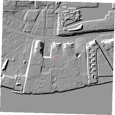 Shaded relief map of the ground around E162BG, computed from Environment Agency LiDAR. The ground here sits at about 6 m above sea level and falls 8 m across the surrounding 800 m. Surface water reaching this point runs off ground lying to the south-west, 0.8 m higher.