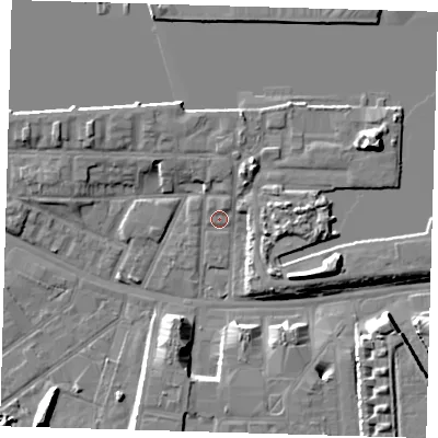 Shaded relief map of the ground around E162BL, computed from Environment Agency LiDAR. The ground here sits at about 3 m above sea level and falls 10 m across the surrounding 800 m. Surface water reaching this point runs off ground lying to the north-north-east, 2.9 m higher.