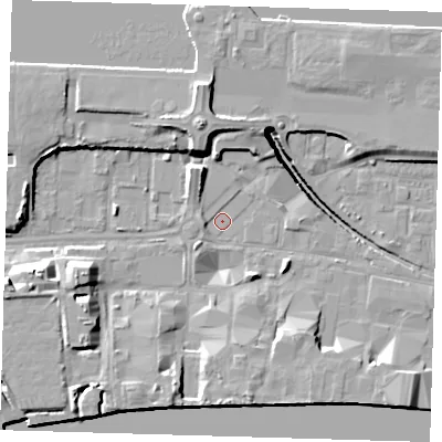 Shaded relief map of the ground around E162BS, computed from Environment Agency LiDAR. The ground here sits at about 2 m above sea level and falls 14 m across the surrounding 800 m. Surface water reaching this point runs off ground lying to the north-north-west, 7.9 m higher.