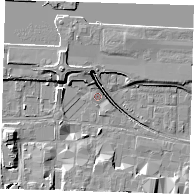 Shaded relief map of the ground around E162BZ, computed from Environment Agency LiDAR. The ground here sits at about 2 m above sea level and falls 14 m across the surrounding 800 m. Surface water reaching this point runs off ground lying to the south-south-east, 1.7 m higher.