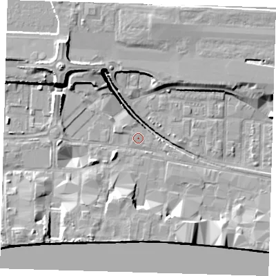 Shaded relief map of the ground around E162DA, computed from Environment Agency LiDAR. The ground here sits at about 2 m above sea level and falls 14 m across the surrounding 800 m. Surface water reaching this point runs off ground lying to the north-west, 1.1 m higher.