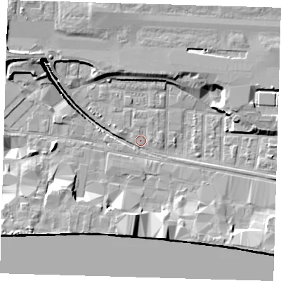 Shaded relief map of the ground around E162DB, computed from Environment Agency LiDAR. The ground here sits at about 2 m above sea level and falls 13 m across the surrounding 800 m. Surface water reaching this point runs off ground lying to the west-north-west, 6.5 m higher.
