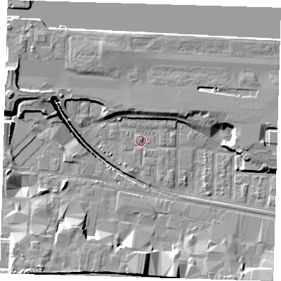 Shaded relief map of the ground around E162DD, computed from Environment Agency LiDAR. The ground here sits at about 2 m above sea level and falls 14 m across the surrounding 800 m. Surface water reaching this point runs off ground lying to the west-north-west, 7.0 m higher.