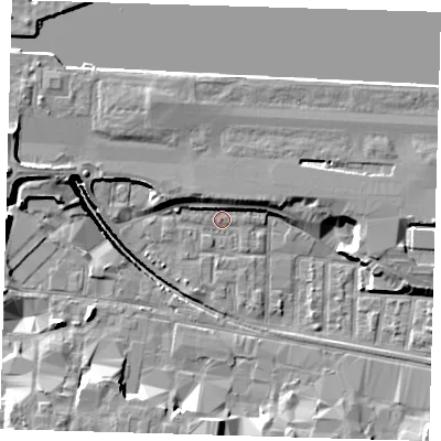 Shaded relief map of the ground around E162DE, computed from Environment Agency LiDAR. The ground here sits at about 2 m above sea level and falls 14 m across the surrounding 800 m. Surface water reaching this point runs off ground lying to the west-north-west, 7.0 m higher.